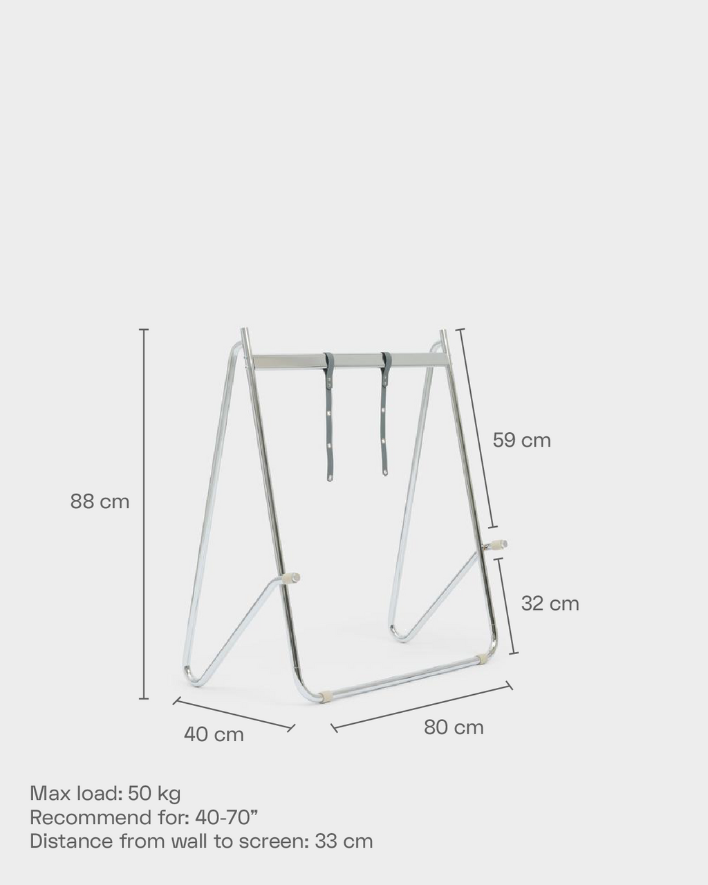 Schema tecnico di Bloom in Powder Blue (Stands Low) con quote 88, 80, 40, 59, 32 cm e carico massimo 50 kg