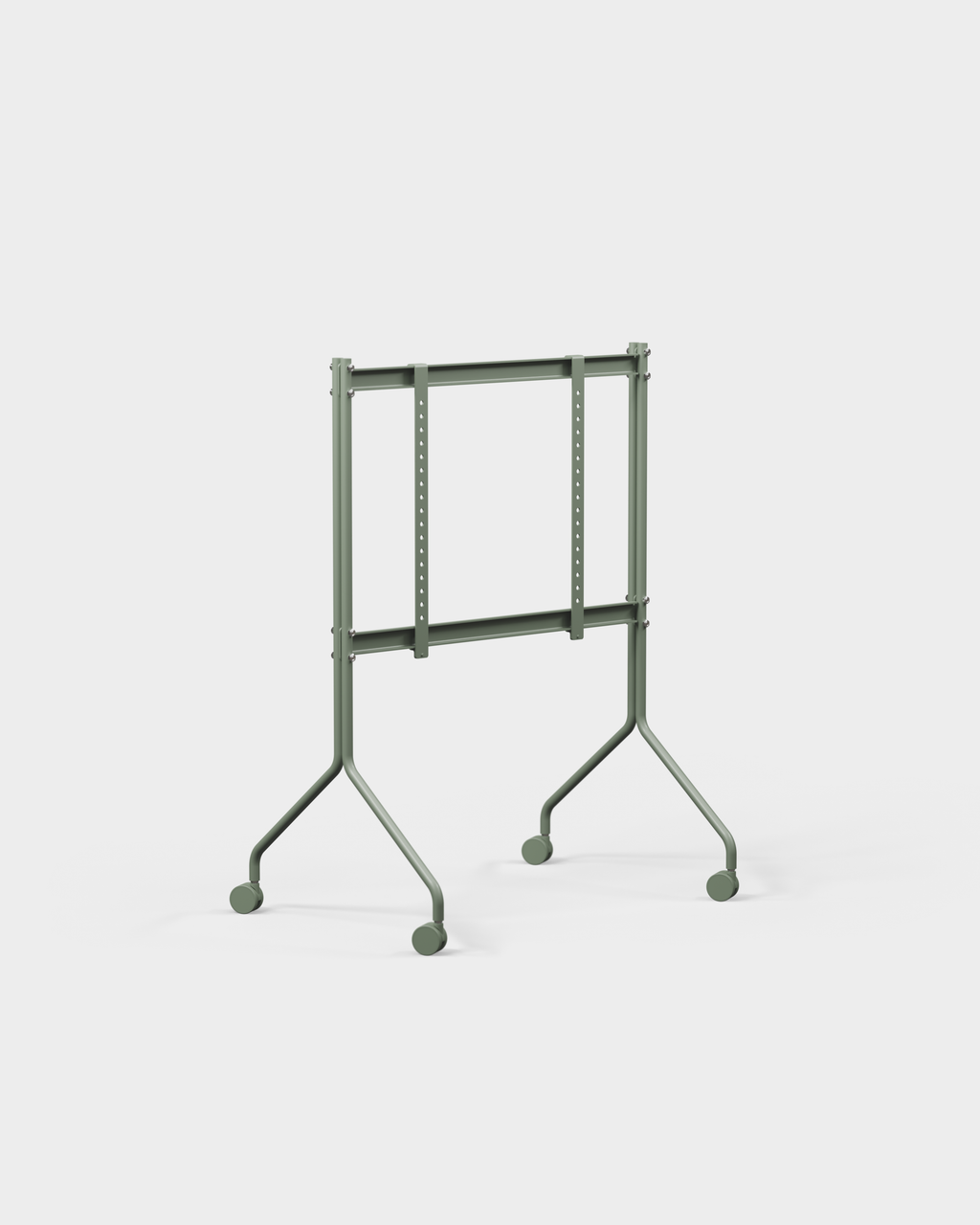 Supporto TV Moon in Mossy Green su ruote, vista laterale a tre quarti su fondo neutro, con staffe regolabili forate