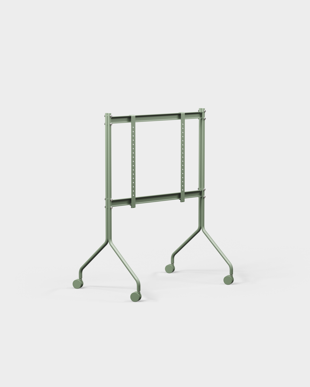 Supporto Moon in Mossy Green vista di tre quarti in studio, struttura in metallo con staffe regolabili e ruote piroettanti