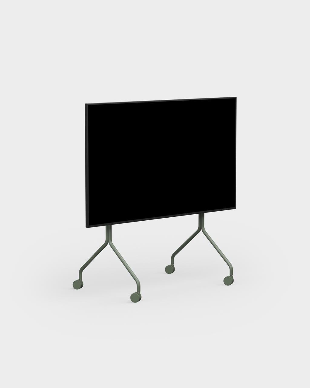 Supporto TV Moon in Mossy Green con ruote e schermo montato, vista tre quarti su fondo studio neutro