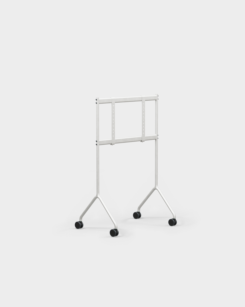 Moon Light in Cloudy Silver, supporto TV con ruote in vista laterale su sfondo studio chiaro, senza schermo montato
