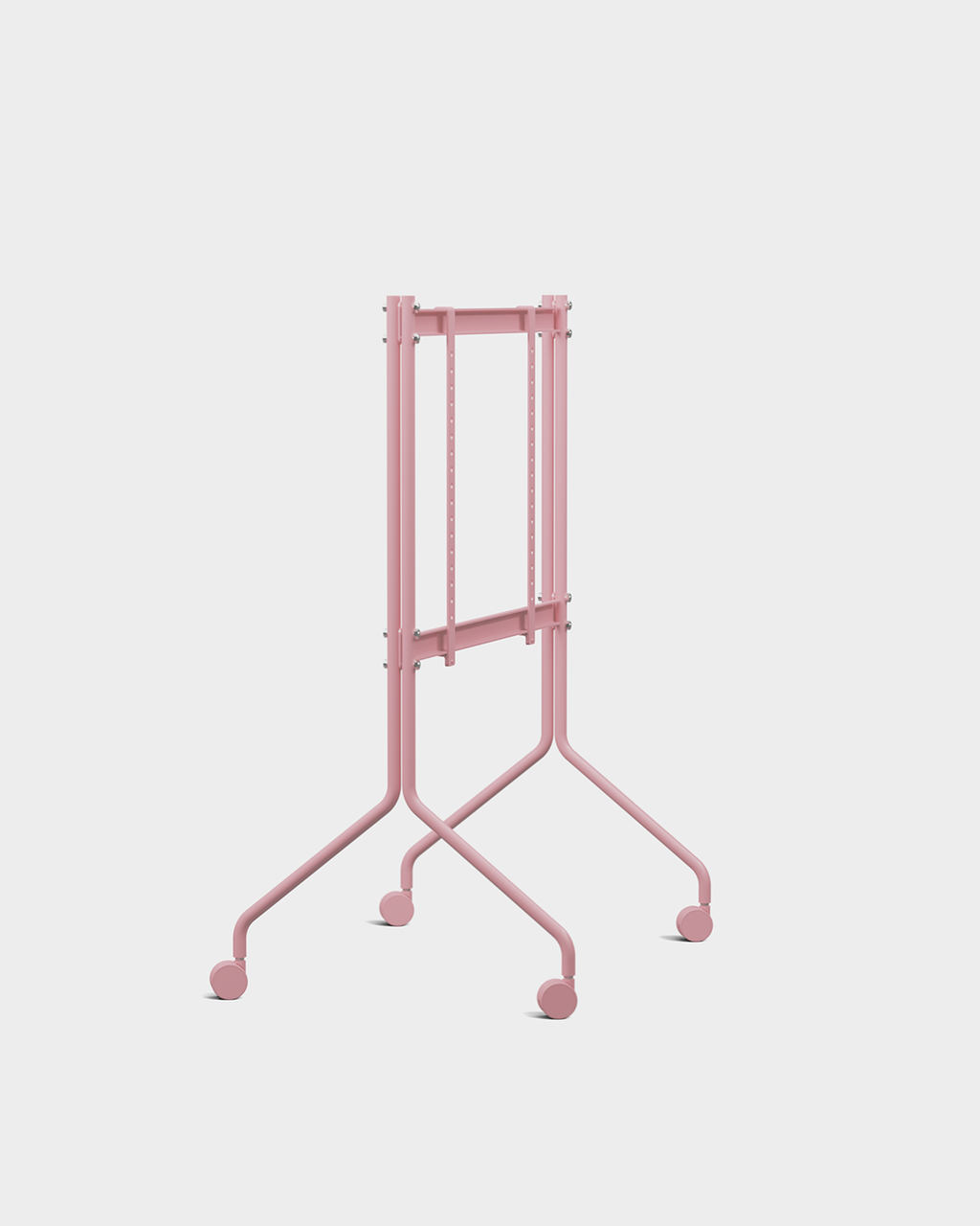 Vista posteriore dello stand TV Moon in rosa Bubble Gum con ruote e schermo piatto montato, packshot da studio