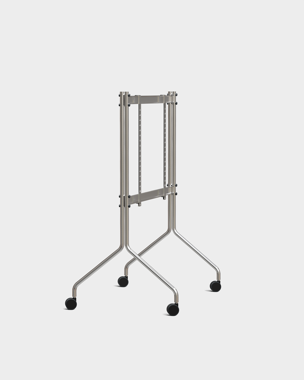 Supporto TV con ruote Moon in Chrome con schermo piatto sulla soglia di una camera luminosa in legno