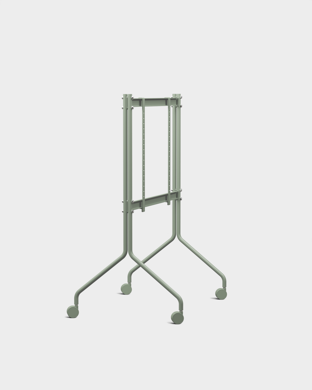 Supporto TV Moon in Mossy Green con ruote e schermo montato, vista laterale a tre quarti su fondo studio chiaro