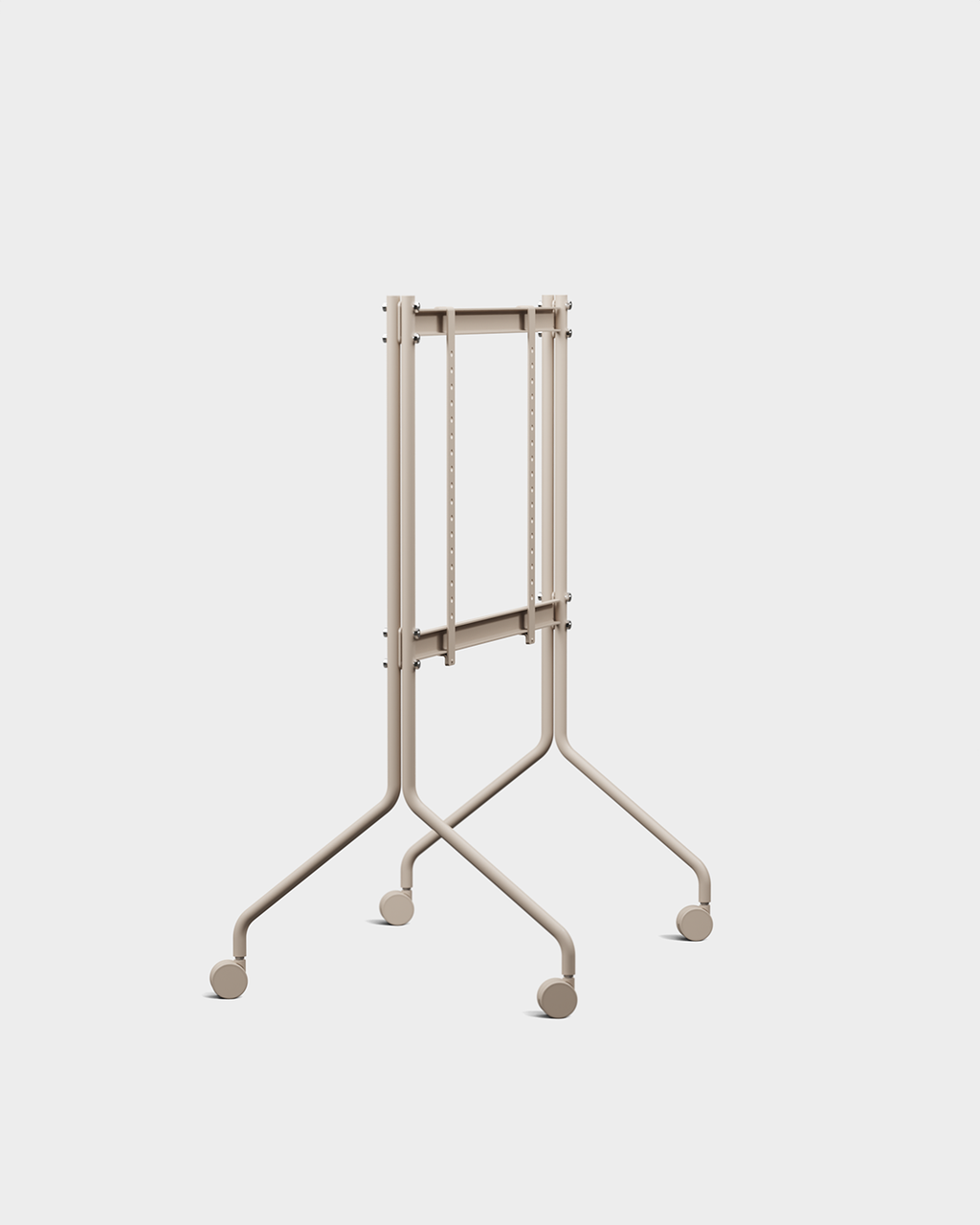 Supporto Moon in Oat su ruote con piano scuro ripiegato in verticale, packshot in studio angolato con quattro ruote