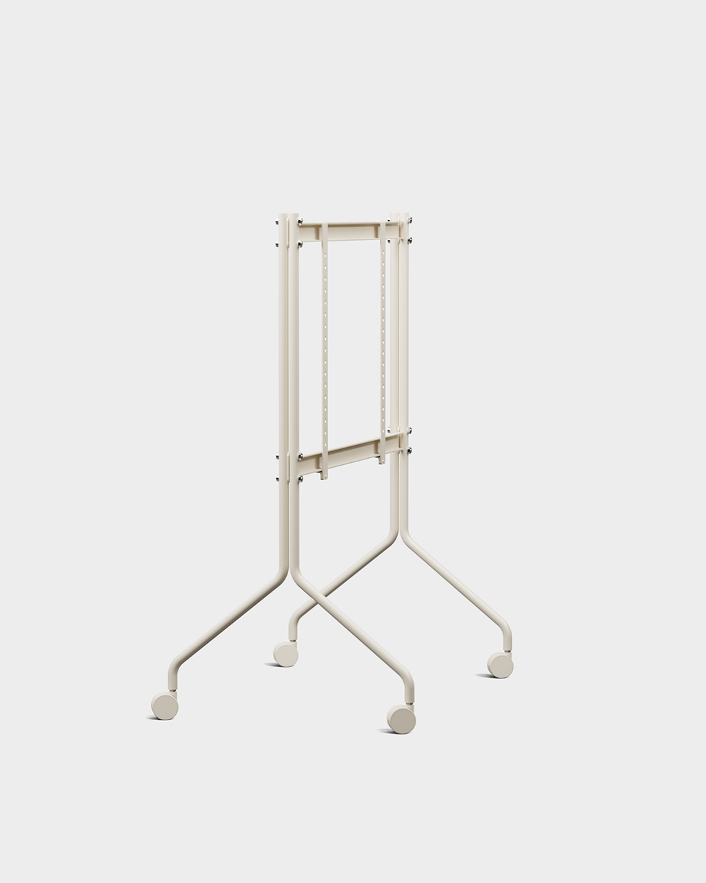 Moon in Pearl con schermo nero su stand a ruote, vista laterale in packshot da studio su fondo bianco