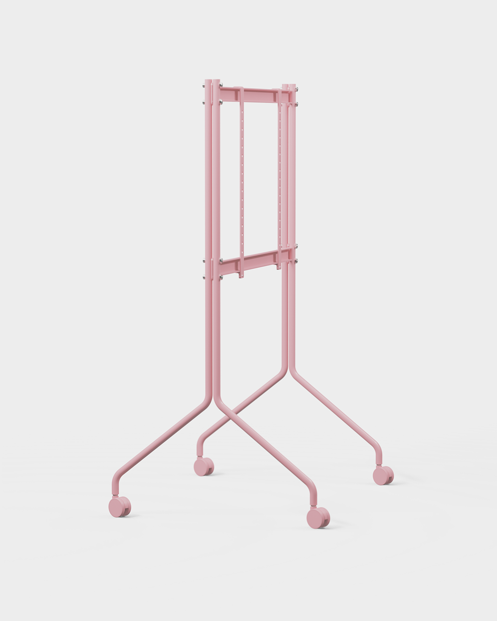 Supporto TV Moon Tall in Bubble Gum pink, vista angolata in studio con TV a schermo piatto e ruote piroettanti