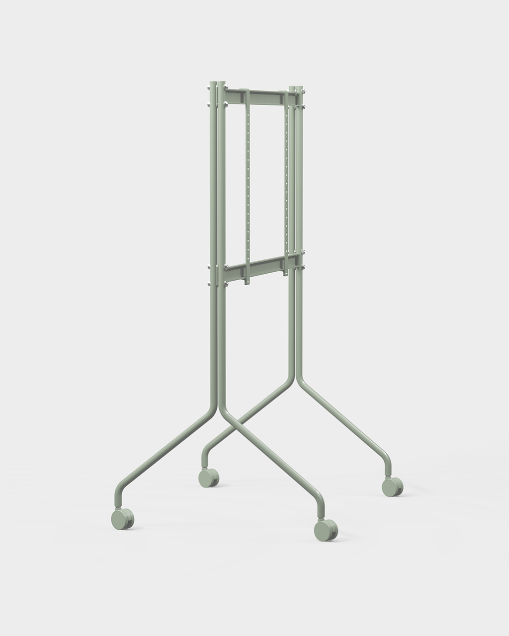 Supporto TV Moon Tall in Mossy Green, vista angolata in studio con TV a schermo piatto su gambe sottili con ruote